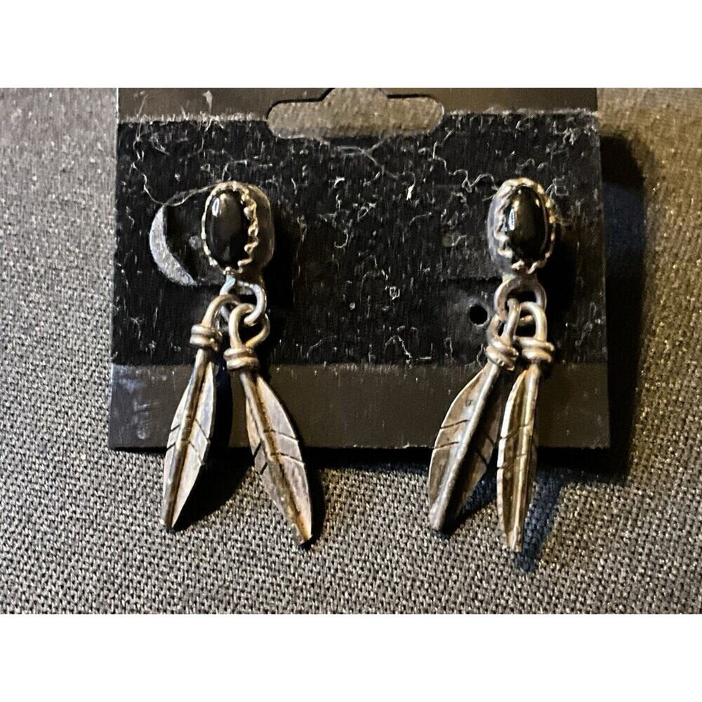 925 Sterling Silver Native Feather Earrings W/ Onyx Stone Post